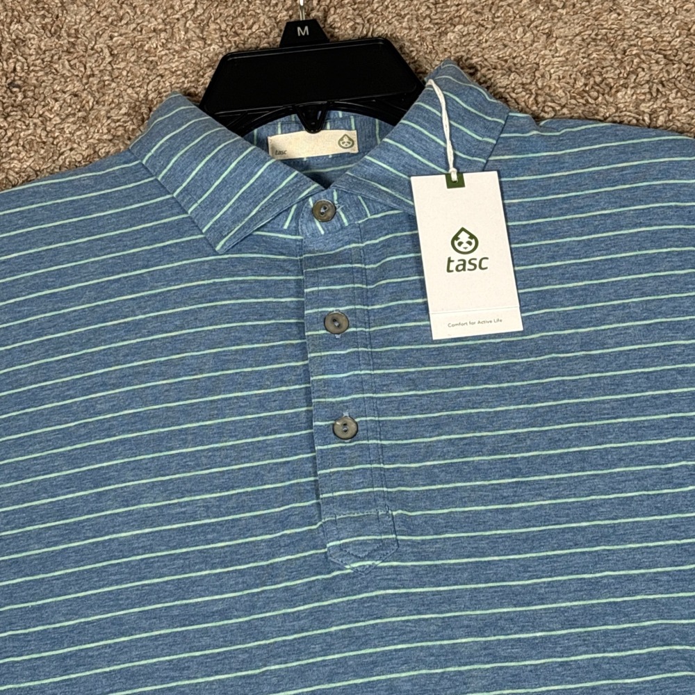 Tasc Performance Everywear Polo Mens Medium Blue Green Striped TM723Y-464SP NEW